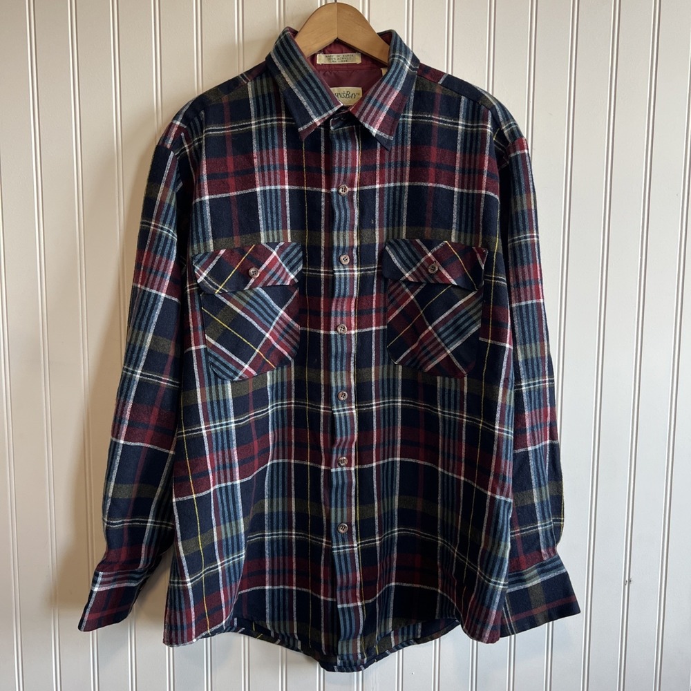 Vintage 80s 90s St. Johns Bay Flannel Blue Plaid Size L USA Outdoors Hiking